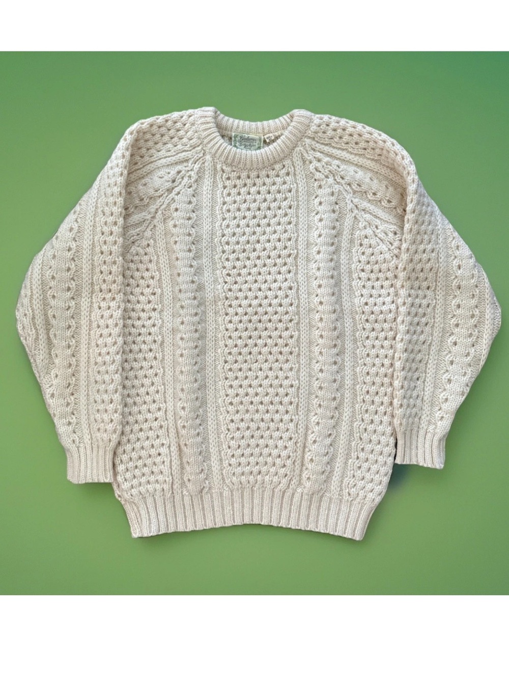 Gaeltarra Mens Handknit Wool Aran Fisherman Sweater Cream Irish Cable Knit 40